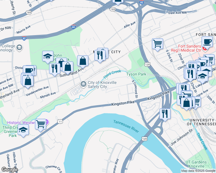map of restaurants, bars, coffee shops, grocery stores, and more near 2837 Jersey Avenue in Knoxville