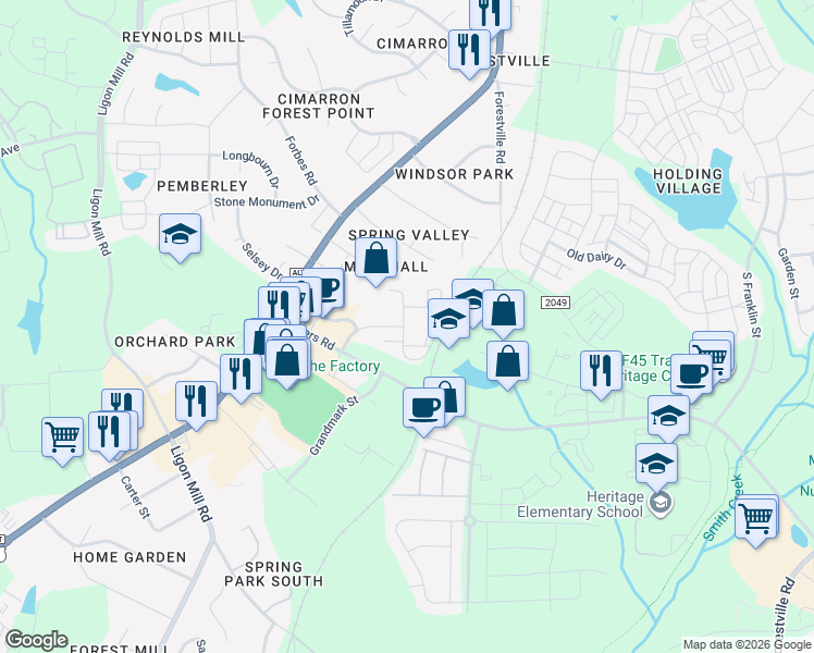 map of restaurants, bars, coffee shops, grocery stores, and more near 1747 Alexander Springs Lane in Wake Forest