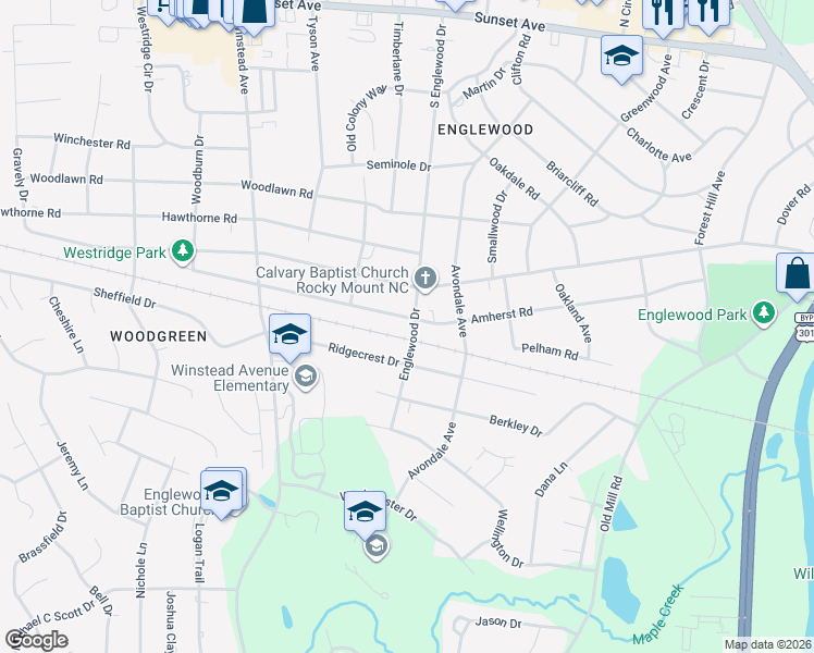map of restaurants, bars, coffee shops, grocery stores, and more near 3100 Amherst Road in Rocky Mount