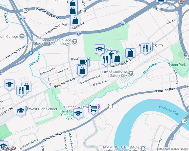 map of restaurants, bars, coffee shops, grocery stores, and more near 3313 Vandeventer Avenue in Knoxville