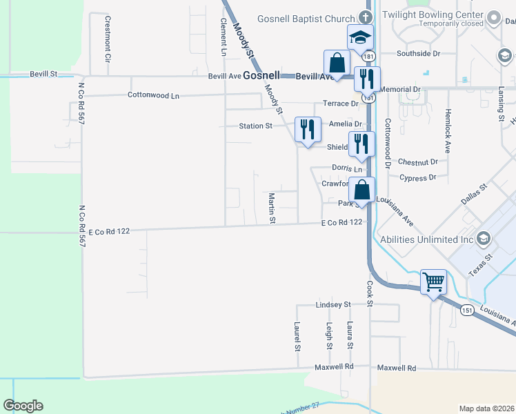 map of restaurants, bars, coffee shops, grocery stores, and more near 511 Martin Street in Blytheville