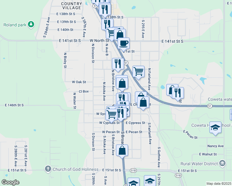 map of restaurants, bars, coffee shops, grocery stores, and more near 308 North Bristow Avenue in Coweta