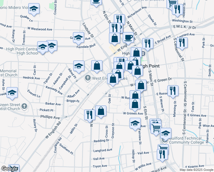 map of restaurants, bars, coffee shops, grocery stores, and more near 106 Oak Street in High Point