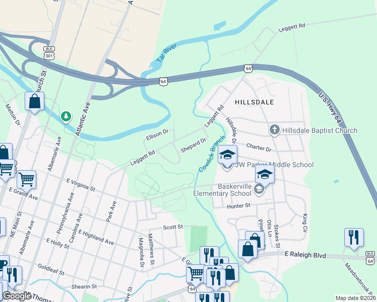 map of restaurants, bars, coffee shops, grocery stores, and more near 915 Shepard Drive in Rocky Mount