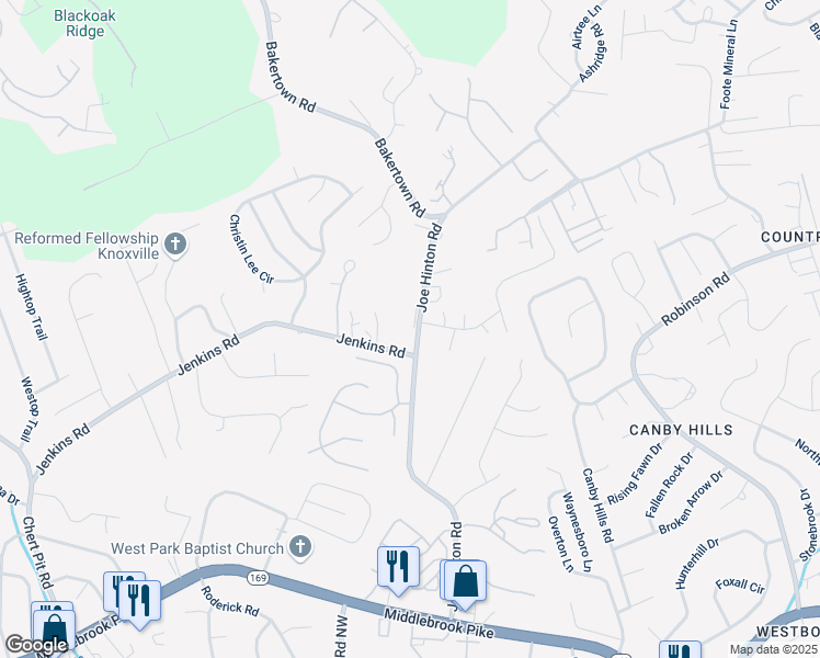 map of restaurants, bars, coffee shops, grocery stores, and more near 1615 Joe Hinton Road in Knoxville