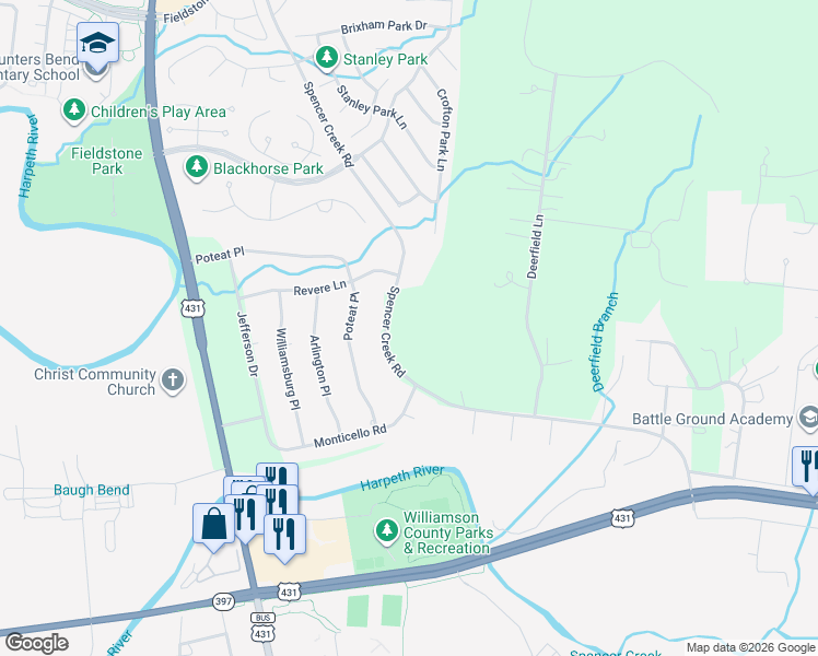 map of restaurants, bars, coffee shops, grocery stores, and more near 242 Spencer Creek Road in Franklin