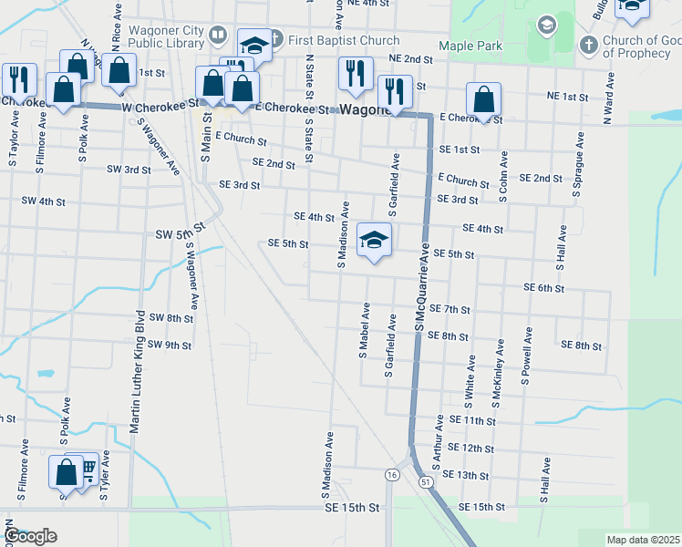 map of restaurants, bars, coffee shops, grocery stores, and more near 601 Southeast 6th Street in Wagoner