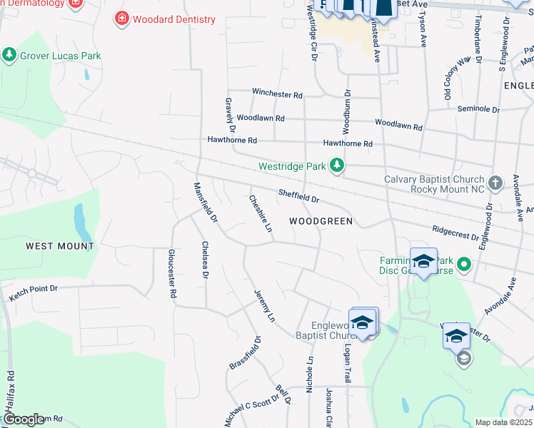 map of restaurants, bars, coffee shops, grocery stores, and more near 1209 Cheshire Lane in Rocky Mount