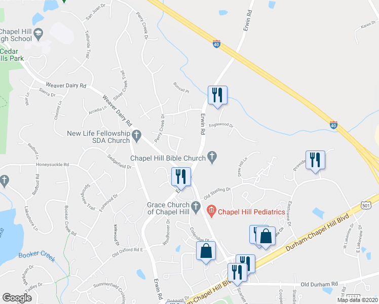 map of restaurants, bars, coffee shops, grocery stores, and more near 200 Covington Drive in Chapel Hill