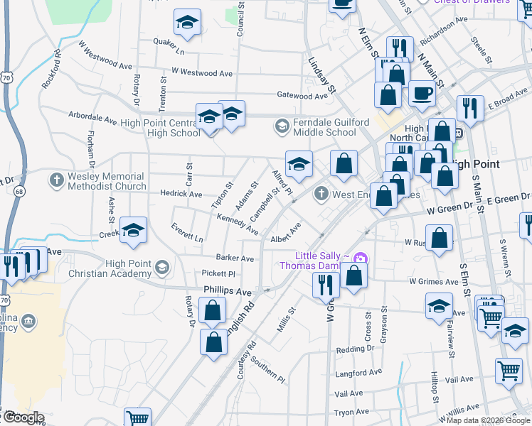 map of restaurants, bars, coffee shops, grocery stores, and more near 1102 West English Road in High Point