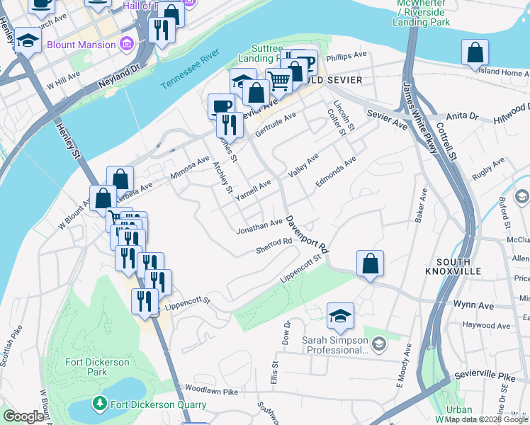 map of restaurants, bars, coffee shops, grocery stores, and more near 2505 Jones Street in Knoxville