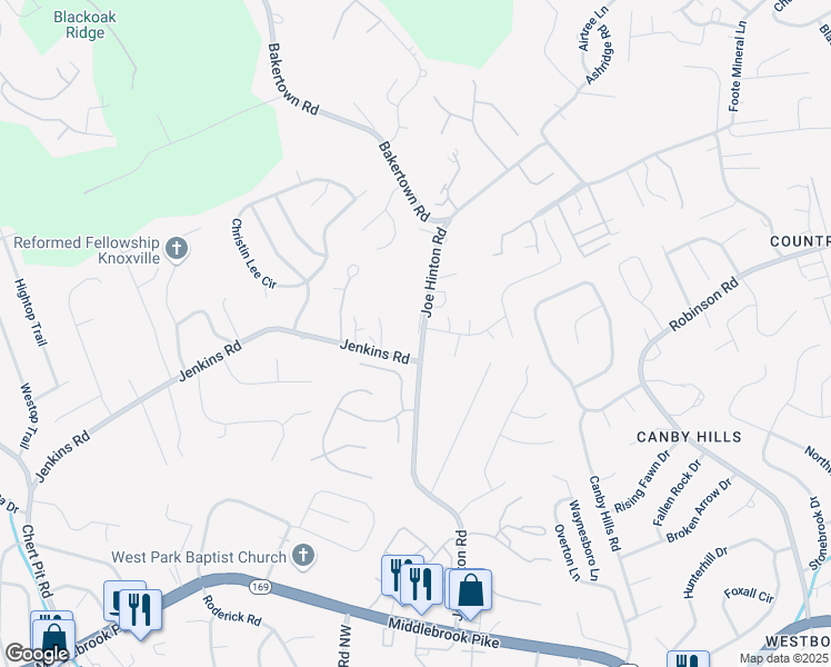 map of restaurants, bars, coffee shops, grocery stores, and more near 1615 Joe Hinton Road in Knoxville