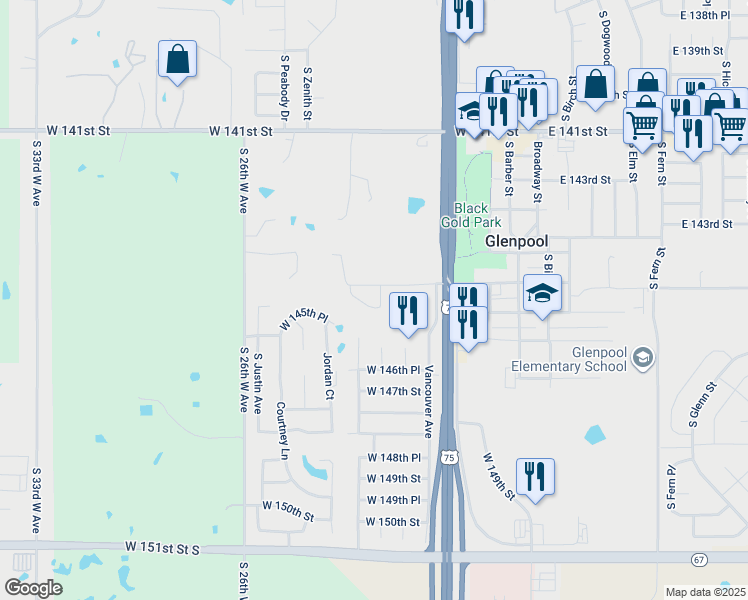 map of restaurants, bars, coffee shops, grocery stores, and more near 612 146th Street in Glenpool