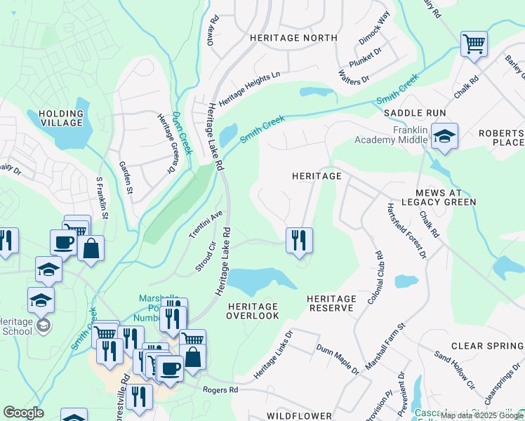 map of restaurants, bars, coffee shops, grocery stores, and more near 1240 Sky Hill Place in Wake Forest