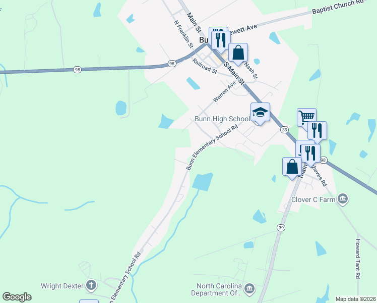 map of restaurants, bars, coffee shops, grocery stores, and more near 200 Bunn Elementary School Road in Bunn