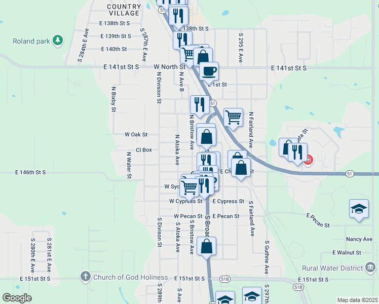 map of restaurants, bars, coffee shops, grocery stores, and more near 308 North Bristow Avenue in Coweta
