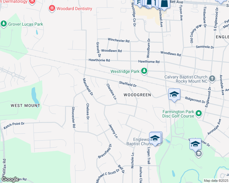 map of restaurants, bars, coffee shops, grocery stores, and more near 1209 Cheshire Lane in Rocky Mount