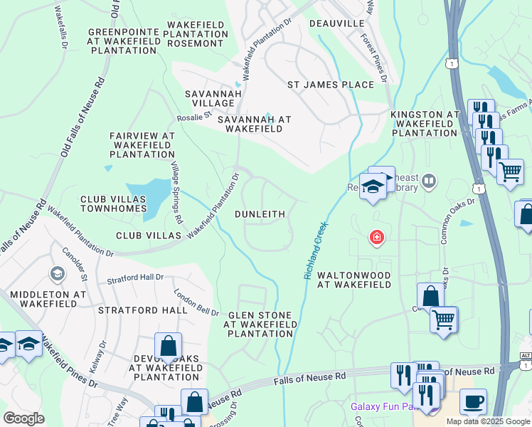 map of restaurants, bars, coffee shops, grocery stores, and more near 12504 Ribbongrass Court in Raleigh