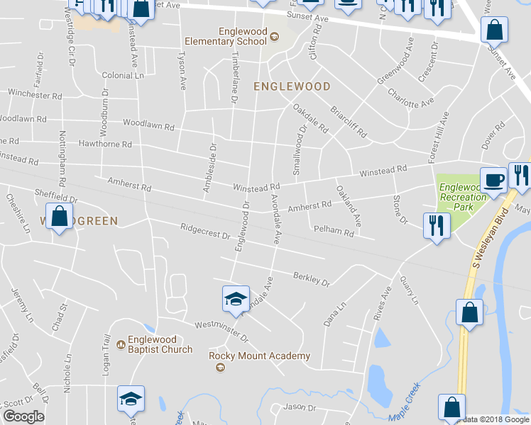 map of restaurants, bars, coffee shops, grocery stores, and more near 3009 Amherst Road in Rocky Mount