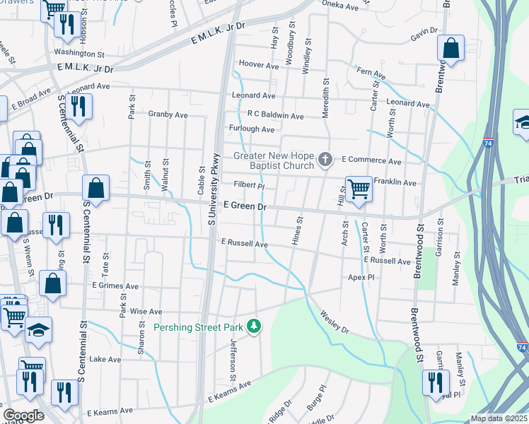 map of restaurants, bars, coffee shops, grocery stores, and more near 1304 East Green Drive in High Point