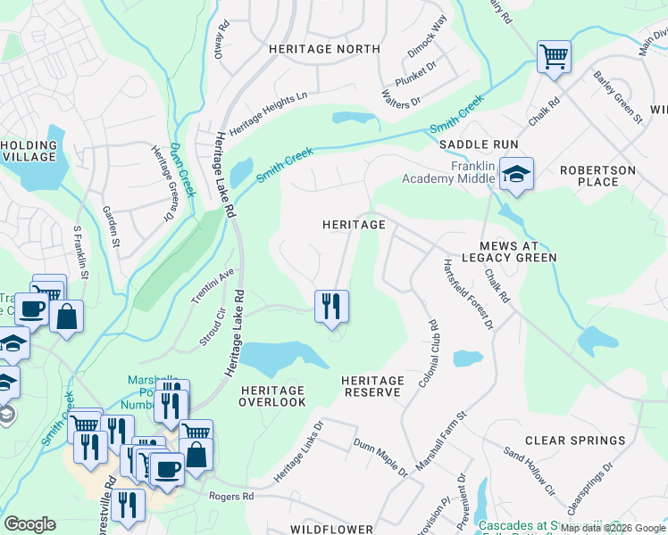 map of restaurants, bars, coffee shops, grocery stores, and more near 1305 Groves Field Lane in Wake Forest