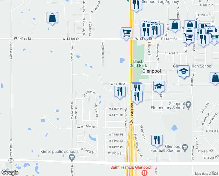 map of restaurants, bars, coffee shops, grocery stores, and more near 612 146th Street in Glenpool