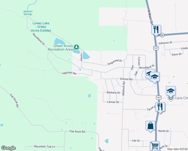 map of restaurants, bars, coffee shops, grocery stores, and more near 1013 Hillcrest Road in Cave City