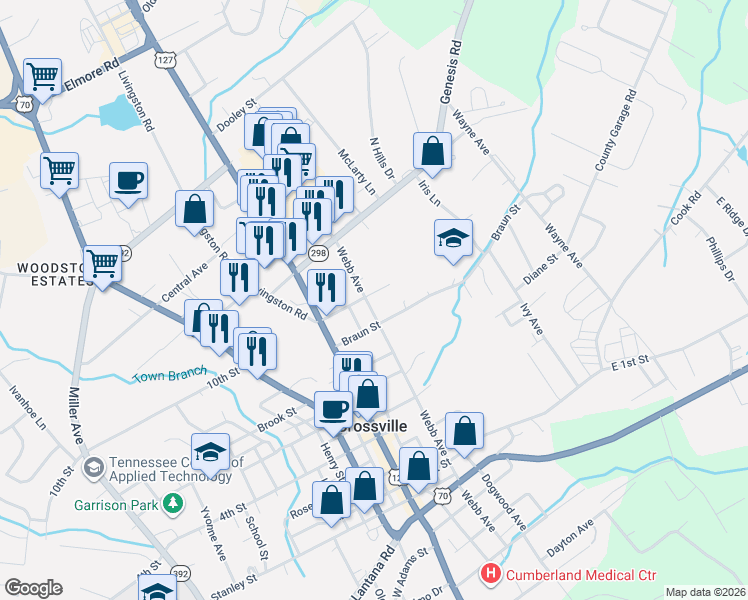 map of restaurants, bars, coffee shops, grocery stores, and more near 709 Webb Avenue in Crossville