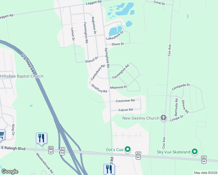 map of restaurants, bars, coffee shops, grocery stores, and more near 100 Stratford Road in Rocky Mount