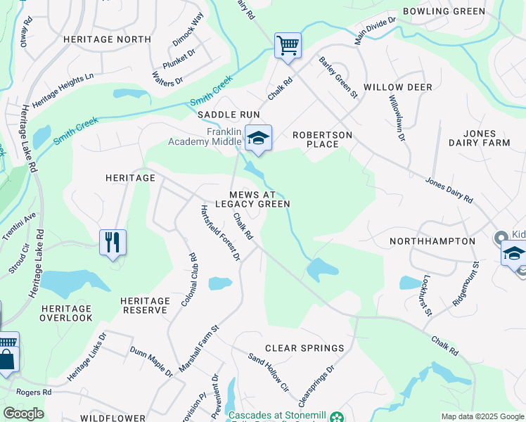map of restaurants, bars, coffee shops, grocery stores, and more near 1304 Legacy Greene Avenue in Wake Forest