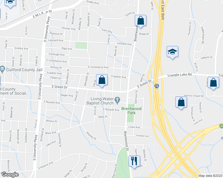 map of restaurants, bars, coffee shops, grocery stores, and more near 2011 East Green Drive in High Point
