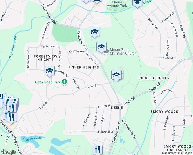 map of restaurants, bars, coffee shops, grocery stores, and more near 3715 4 Seasons Drive in Durham
