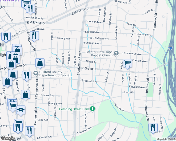 map of restaurants, bars, coffee shops, grocery stores, and more near 1214 East Green Drive in High Point