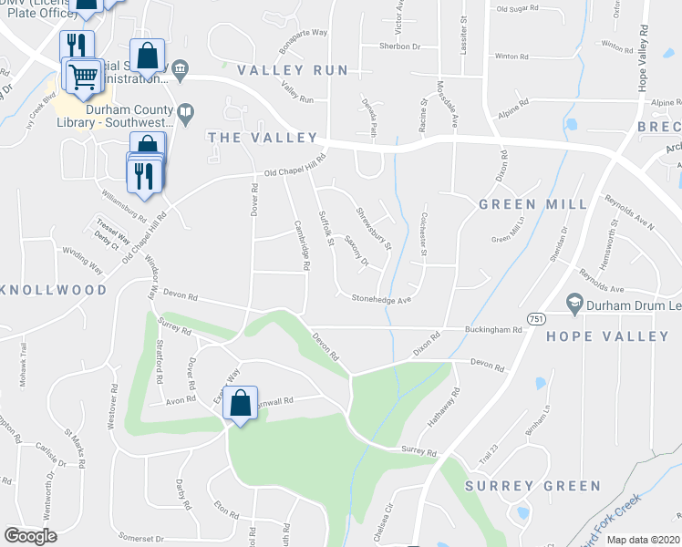 map of restaurants, bars, coffee shops, grocery stores, and more near 3719 Suffolk Street in Durham