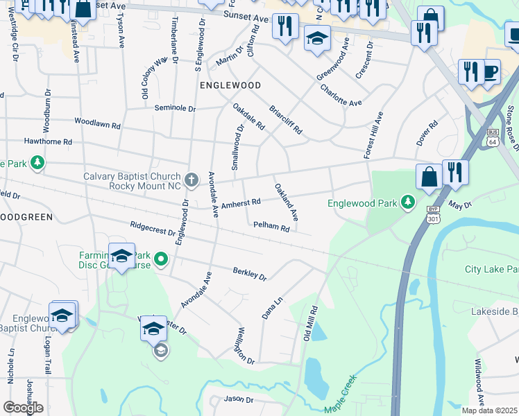 map of restaurants, bars, coffee shops, grocery stores, and more near 2821 Amherst Road in Rocky Mount
