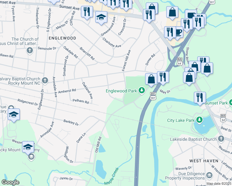 map of restaurants, bars, coffee shops, grocery stores, and more near 109 Collington Court in Rocky Mount