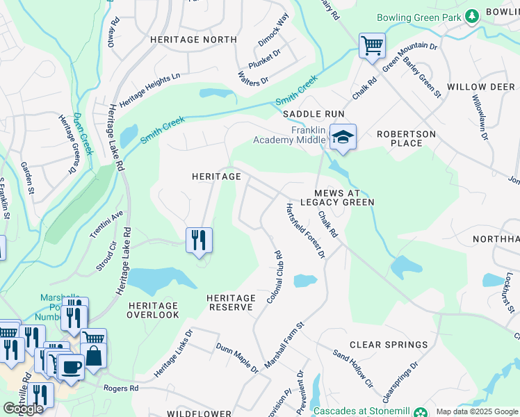map of restaurants, bars, coffee shops, grocery stores, and more near 1210 Colonial Club Road in Wake Forest