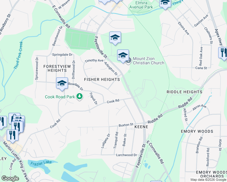 map of restaurants, bars, coffee shops, grocery stores, and more near 3715 4 Seasons Drive in Durham