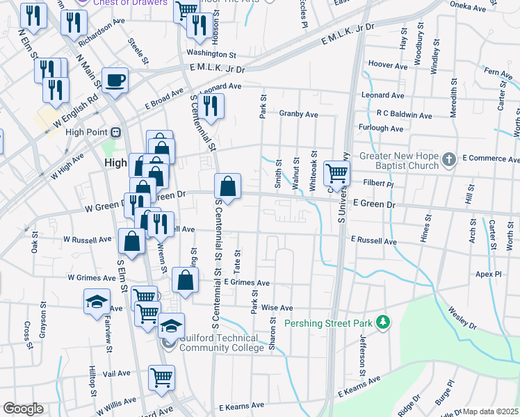 map of restaurants, bars, coffee shops, grocery stores, and more near 1601-1699 Park Court in High Point