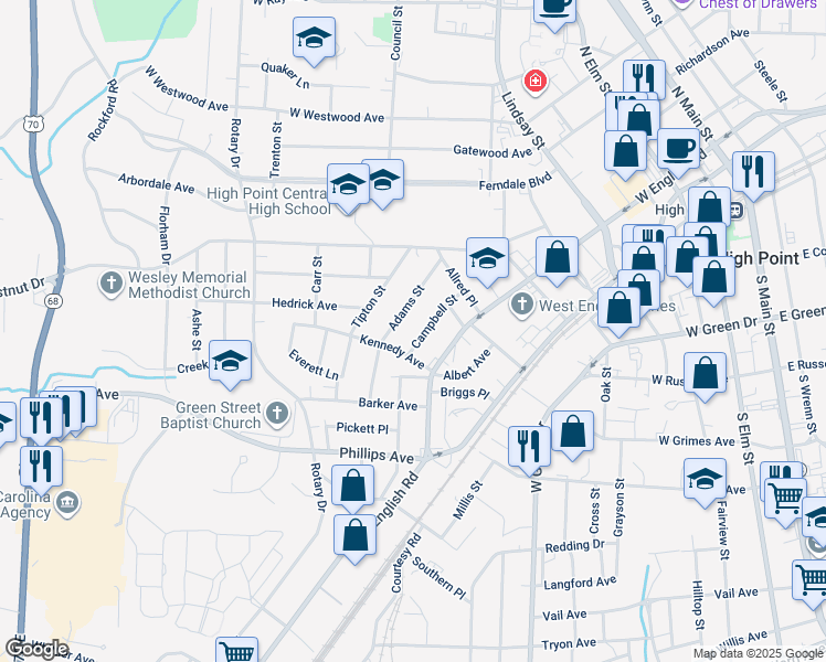 map of restaurants, bars, coffee shops, grocery stores, and more near 1117 Adams Street in High Point