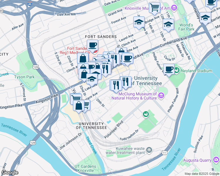 map of restaurants, bars, coffee shops, grocery stores, and more near 24 Caledonia Avenue in Knoxville