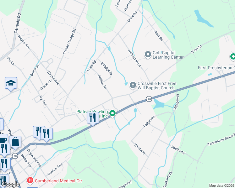 map of restaurants, bars, coffee shops, grocery stores, and more near 1045 East 1st Street in Crossville