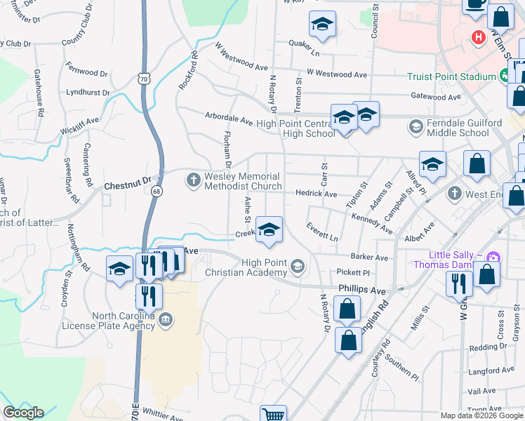 map of restaurants, bars, coffee shops, grocery stores, and more near 511 Spruce Street in High Point