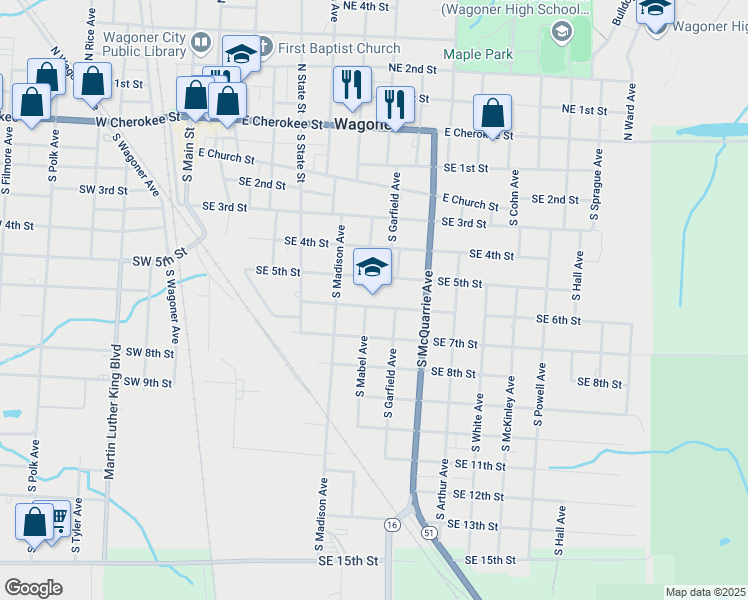 map of restaurants, bars, coffee shops, grocery stores, and more near 601 Southeast 6th Street in Wagoner