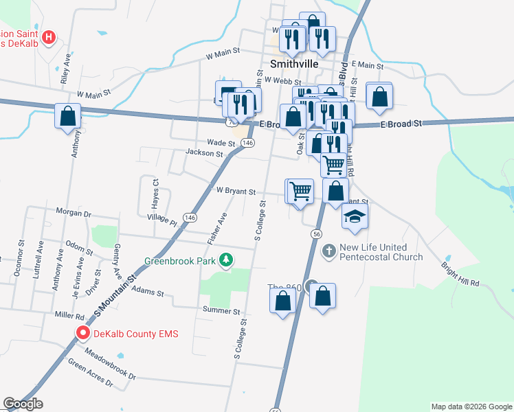 map of restaurants, bars, coffee shops, grocery stores, and more near 707 S College St in Smithville