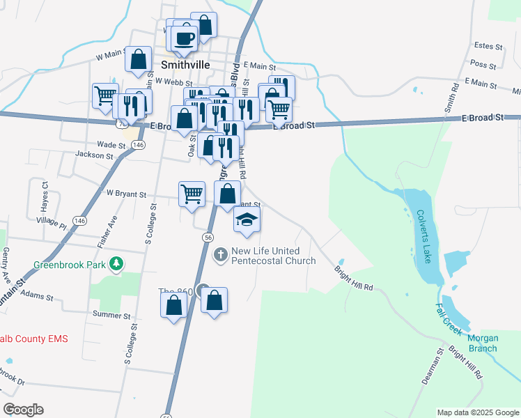 map of restaurants, bars, coffee shops, grocery stores, and more near 225 East Bryant Street in Smithville