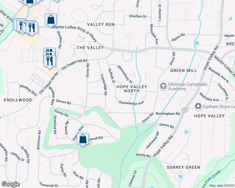 map of restaurants, bars, coffee shops, grocery stores, and more near 3719 Suffolk Street in Durham