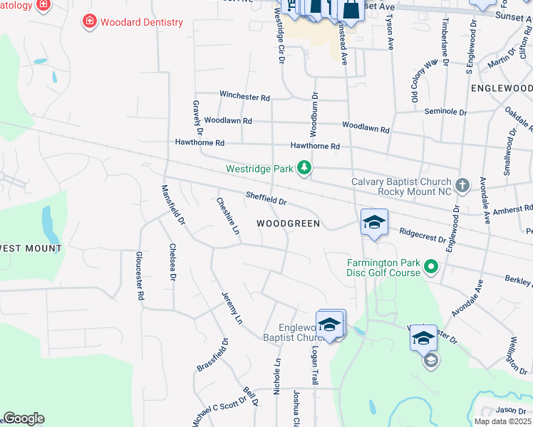 map of restaurants, bars, coffee shops, grocery stores, and more near 1204 Nottingham Road in Rocky Mount