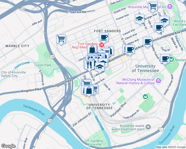 map of restaurants, bars, coffee shops, grocery stores, and more near 2119 Lake Avenue in Knoxville