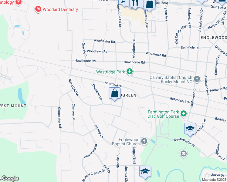 map of restaurants, bars, coffee shops, grocery stores, and more near 1204 Nottingham Road in Rocky Mount